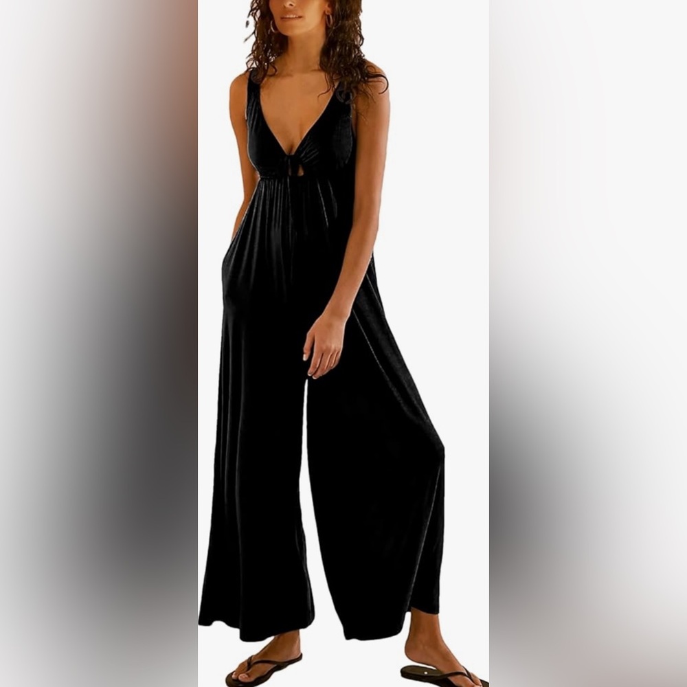 Casual Loose Jumpsuits Sleeveless Wide Leg Long Pant Rompers With Pockets